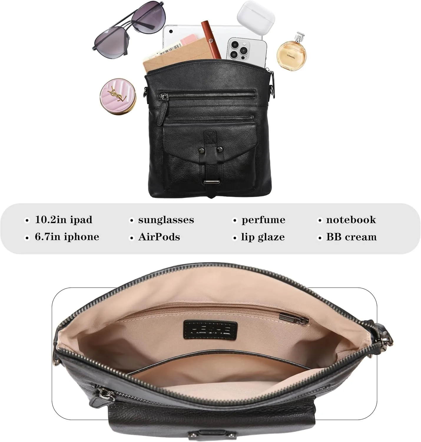 HESHE Leather Crossbody Bags for Women Satchel Purses Shoulder Purses and Handbags Cross Body Bag with Multi Pockets