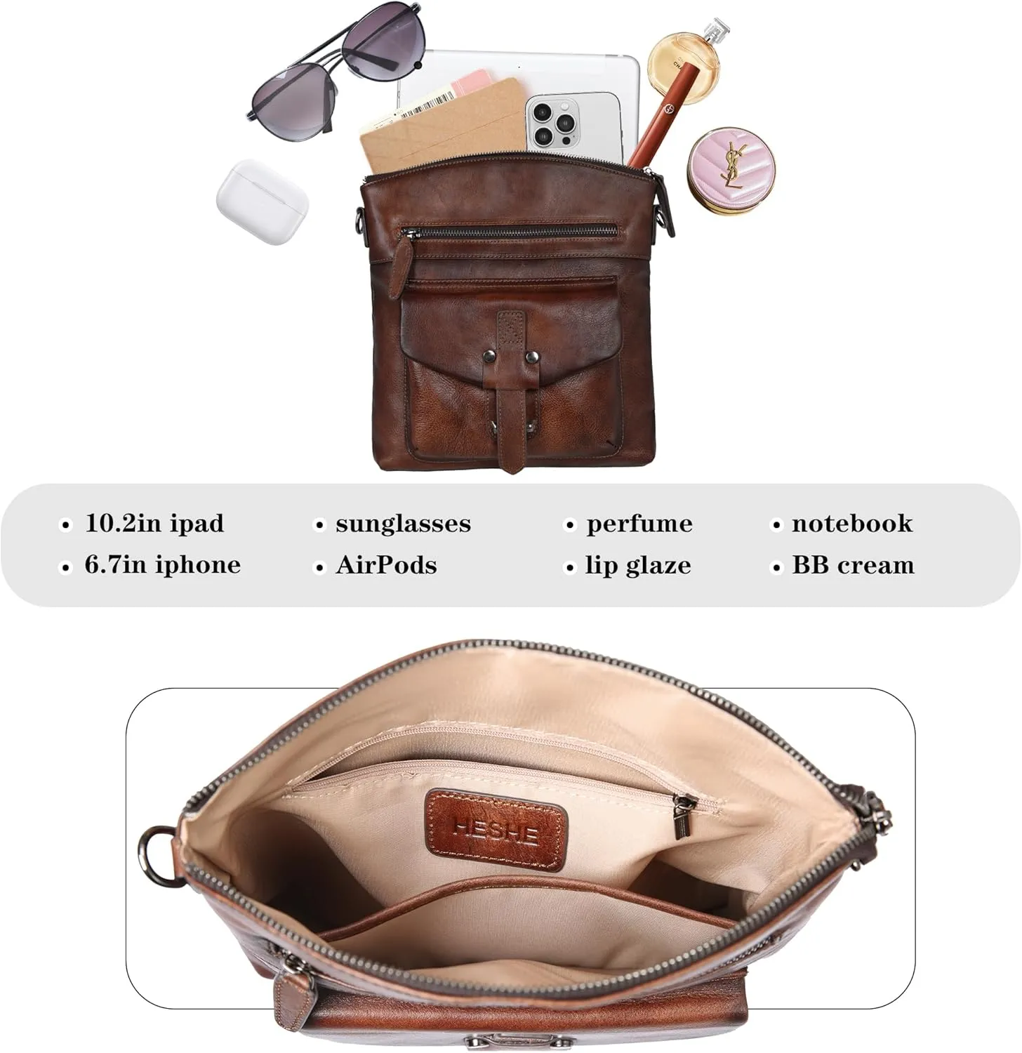 HESHE Leather Crossbody Bags for Women Satchel Purses Shoulder Purses and Handbags Cross Body Bag with Multi Pockets