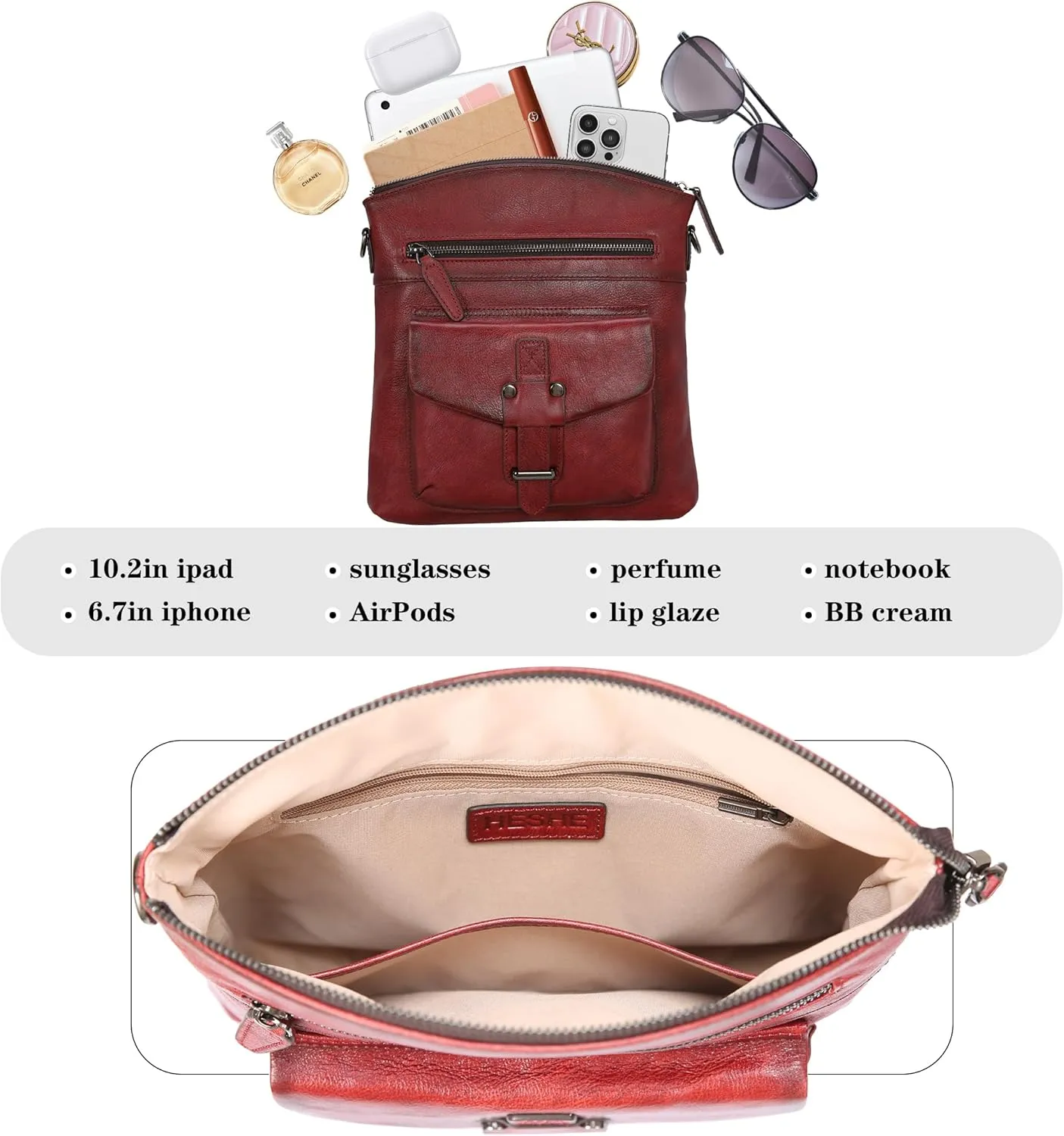 HESHE Leather Crossbody Bags for Women Satchel Purses Shoulder Purses and Handbags Cross Body Bag with Multi Pockets