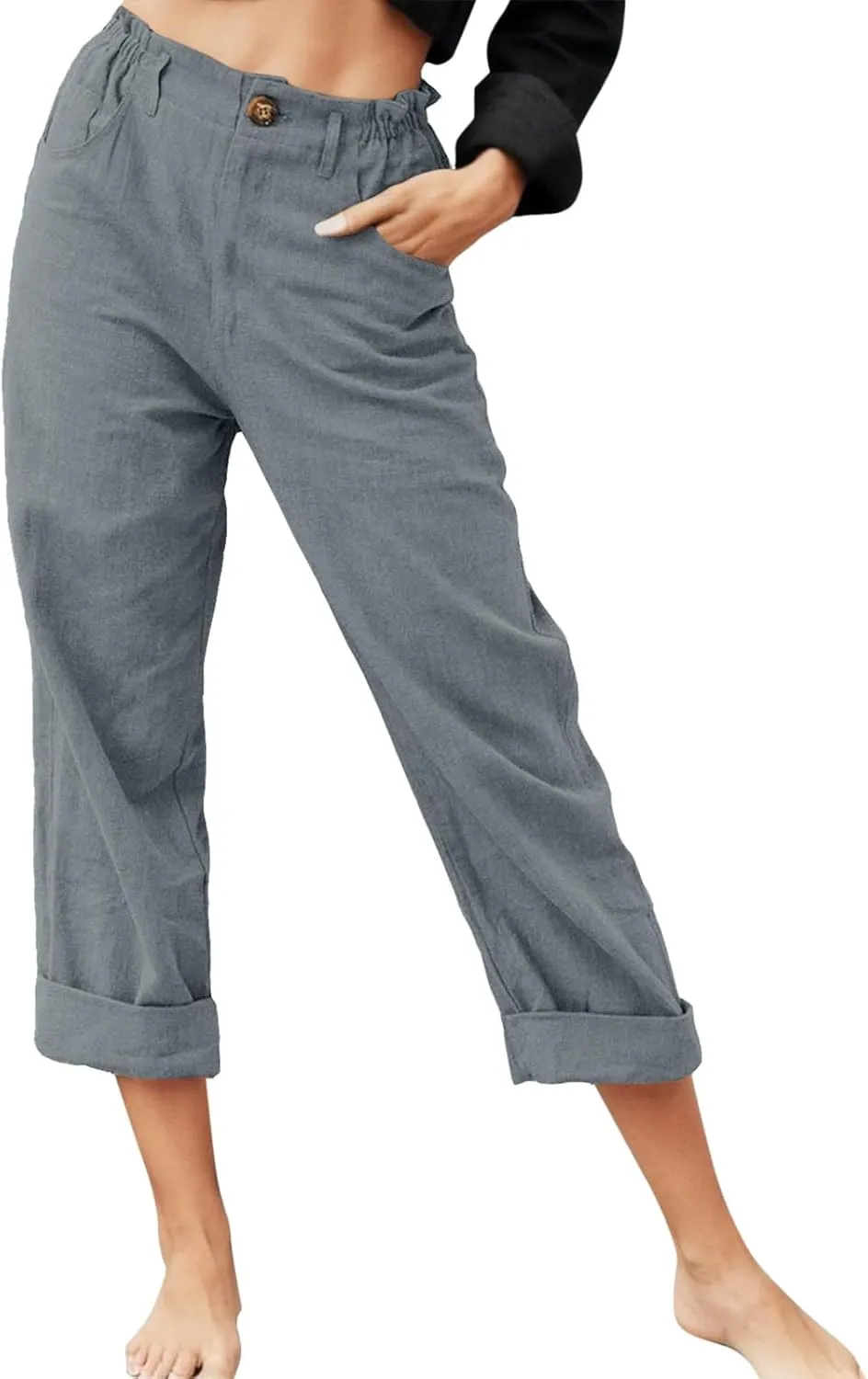 High Waisted Wide Leg Pants for Women Straight Leg Palazzo Pants Button Waist Cropped Jogger Trousers with Pockets
