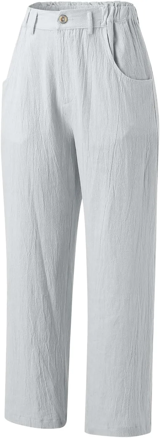 High Waisted Wide Leg Pants for Women Straight Leg Palazzo Pants Button Waist Cropped Jogger Trousers with Pockets