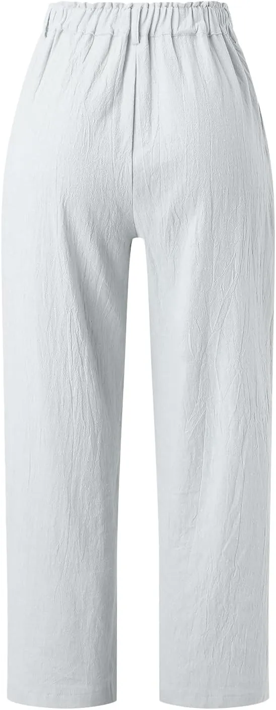High Waisted Wide Leg Pants for Women Straight Leg Palazzo Pants Button Waist Cropped Jogger Trousers with Pockets