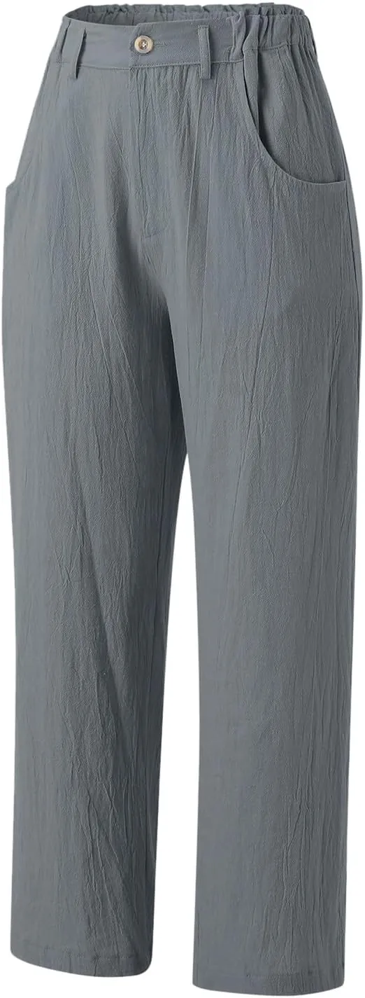 High Waisted Wide Leg Pants for Women Straight Leg Palazzo Pants Button Waist Cropped Jogger Trousers with Pockets