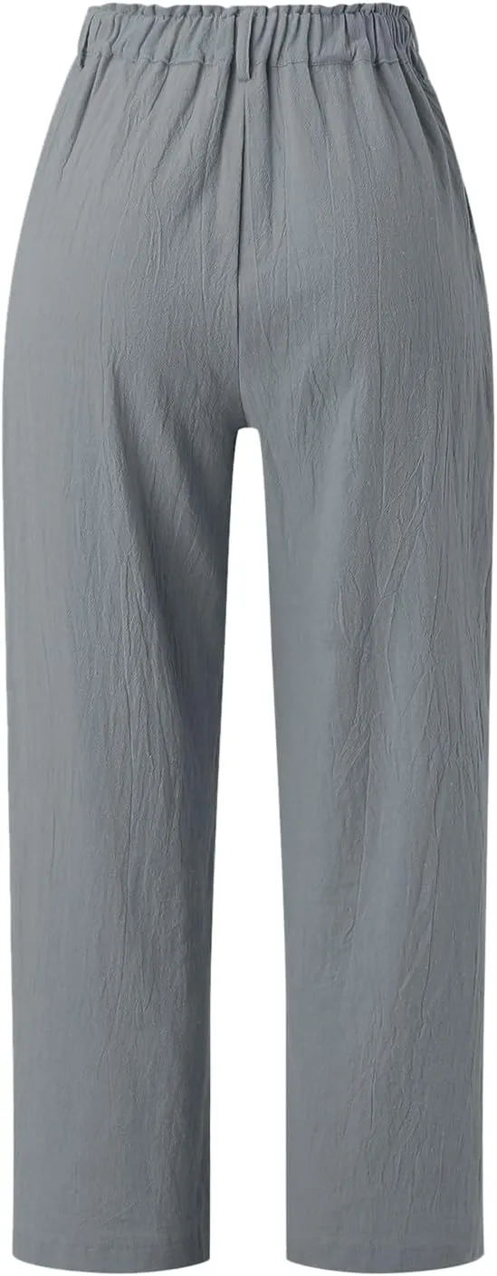 High Waisted Wide Leg Pants for Women Straight Leg Palazzo Pants Button Waist Cropped Jogger Trousers with Pockets