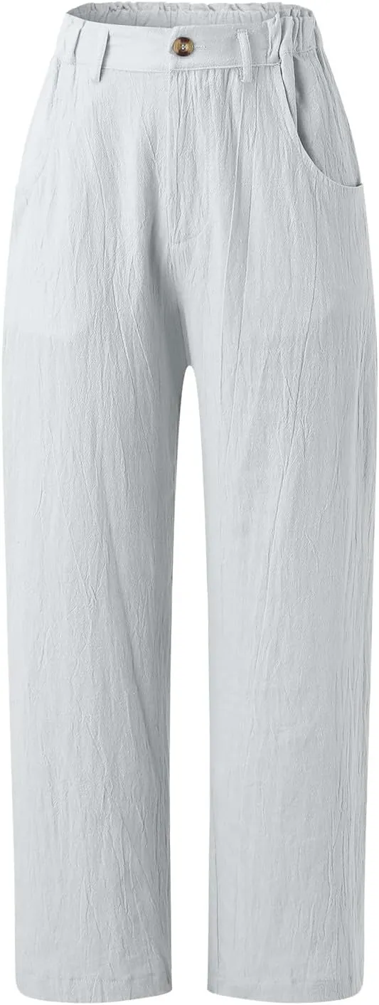 High Waisted Wide Leg Pants for Women Straight Leg Palazzo Pants Button Waist Cropped Jogger Trousers with Pockets