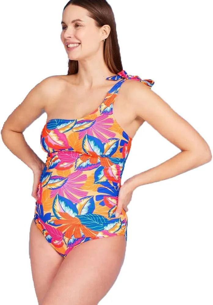 Isabel Maternity by Ingrid & Isabel Asymmetric Tie Shoulder One Piece Maternity Swimsuit (Floral, Small)
