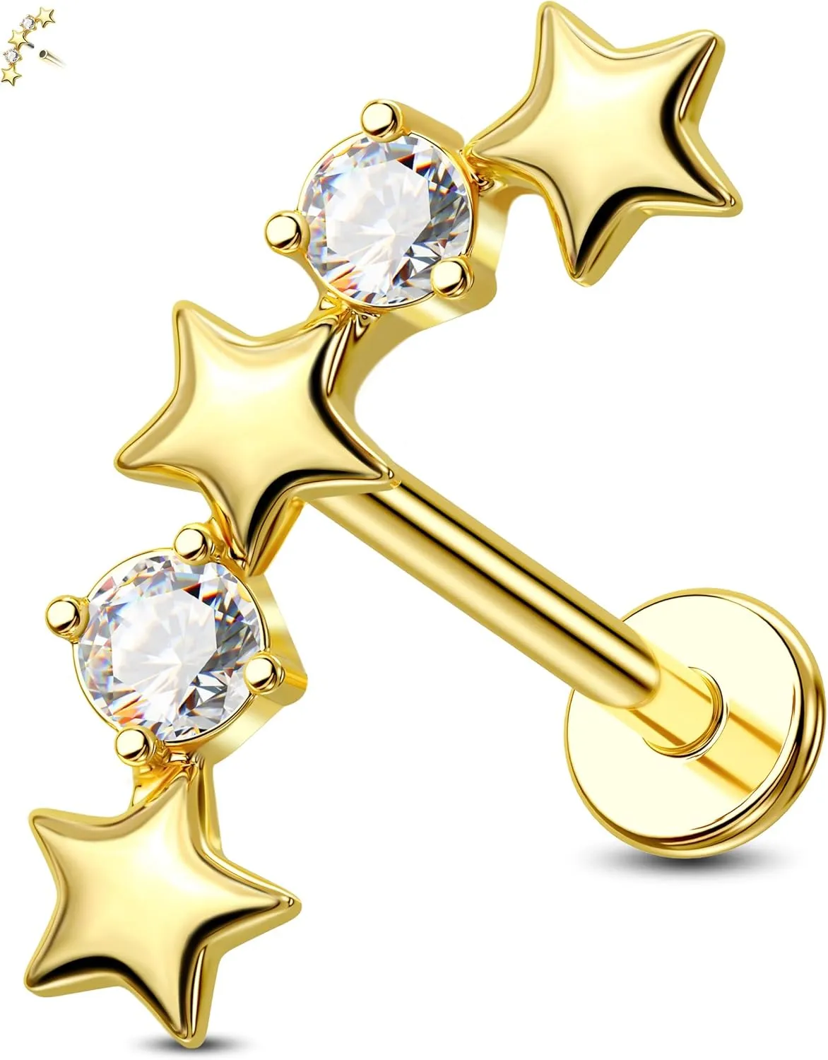 Jewseen 16g Internally Threaded Flat Back Earrings 316L Stainless Steel Star Helix Earrings Heart Cartilage Stud Earrings Gold Lip Piercing Jewelry Nose Stud for Women
