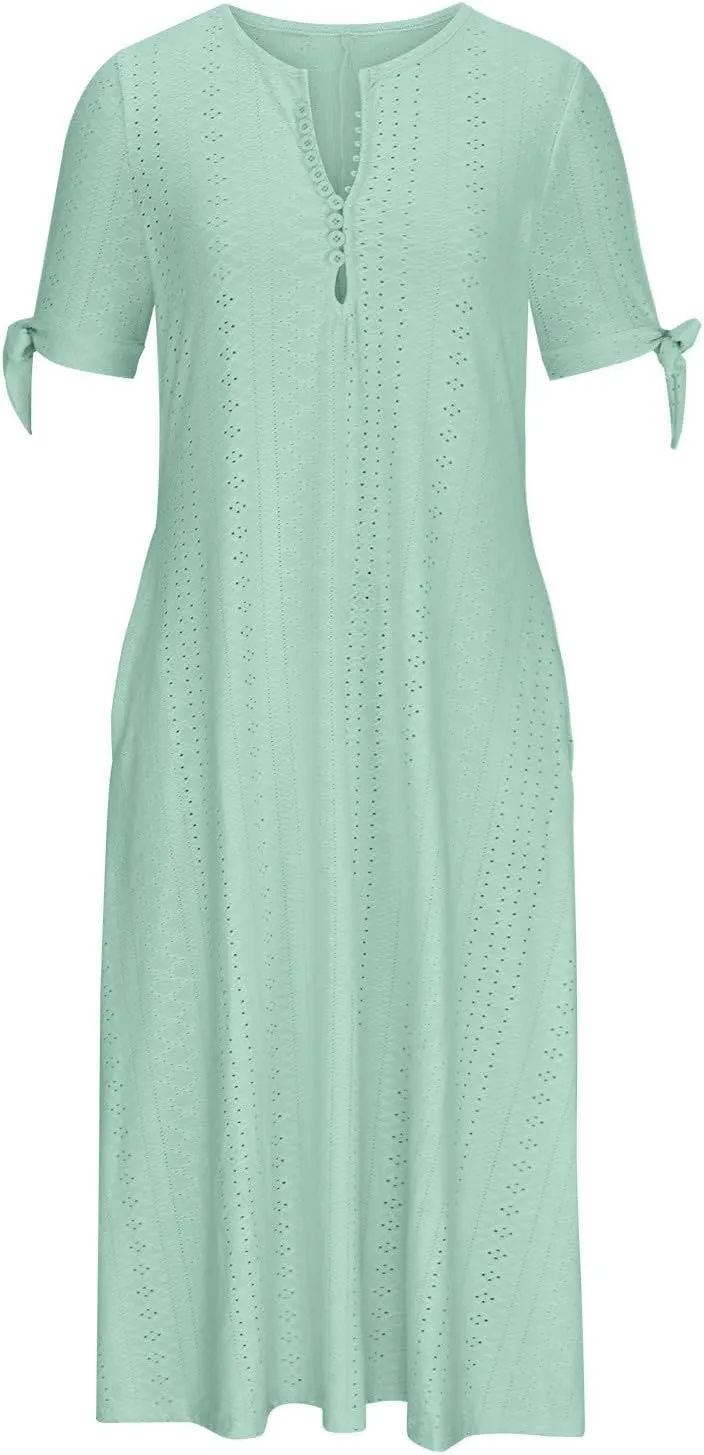 JIEMUXIU Maxi Dresses for Women 2025 Trendy Short Sleeve Eyelet Tshirt Long Dress Casual Summer Boho Beach Vacation Sundress
