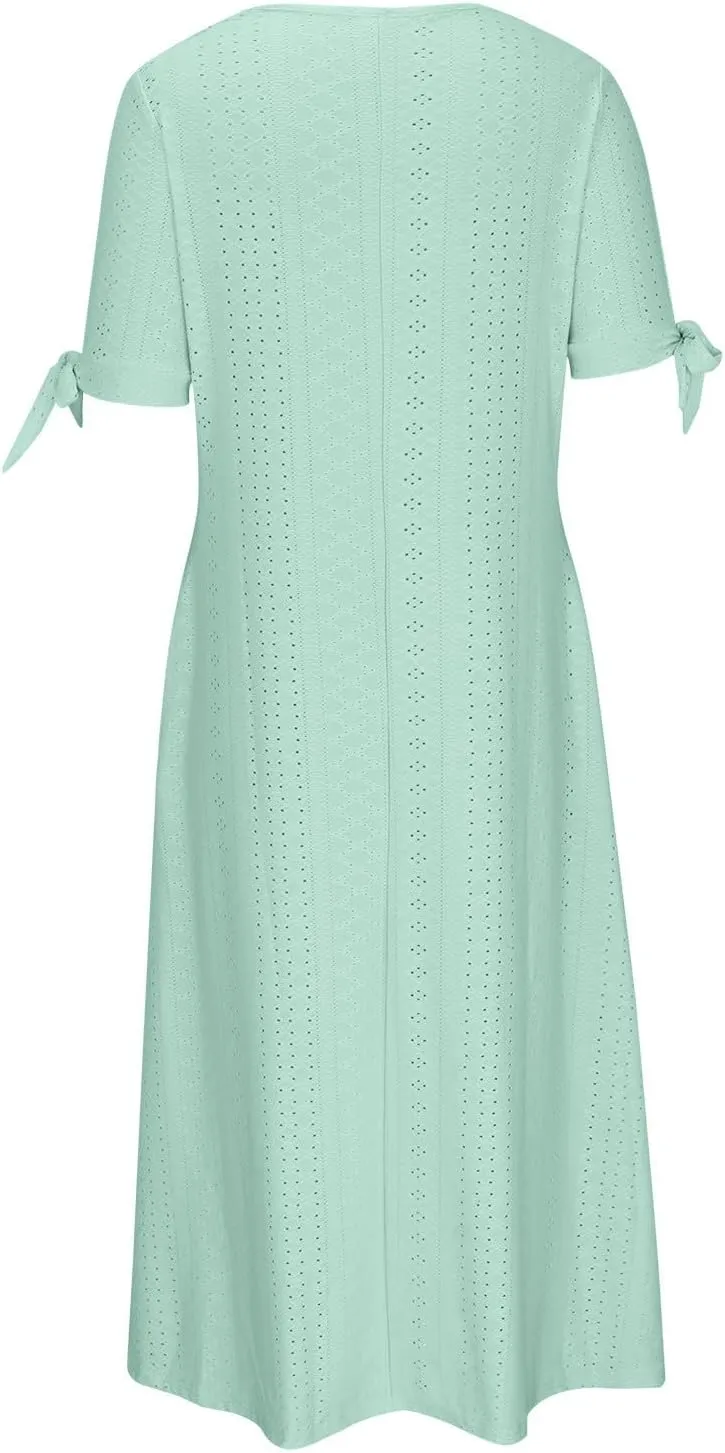 JIEMUXIU Maxi Dresses for Women 2025 Trendy Short Sleeve Eyelet Tshirt Long Dress Casual Summer Boho Beach Vacation Sundress