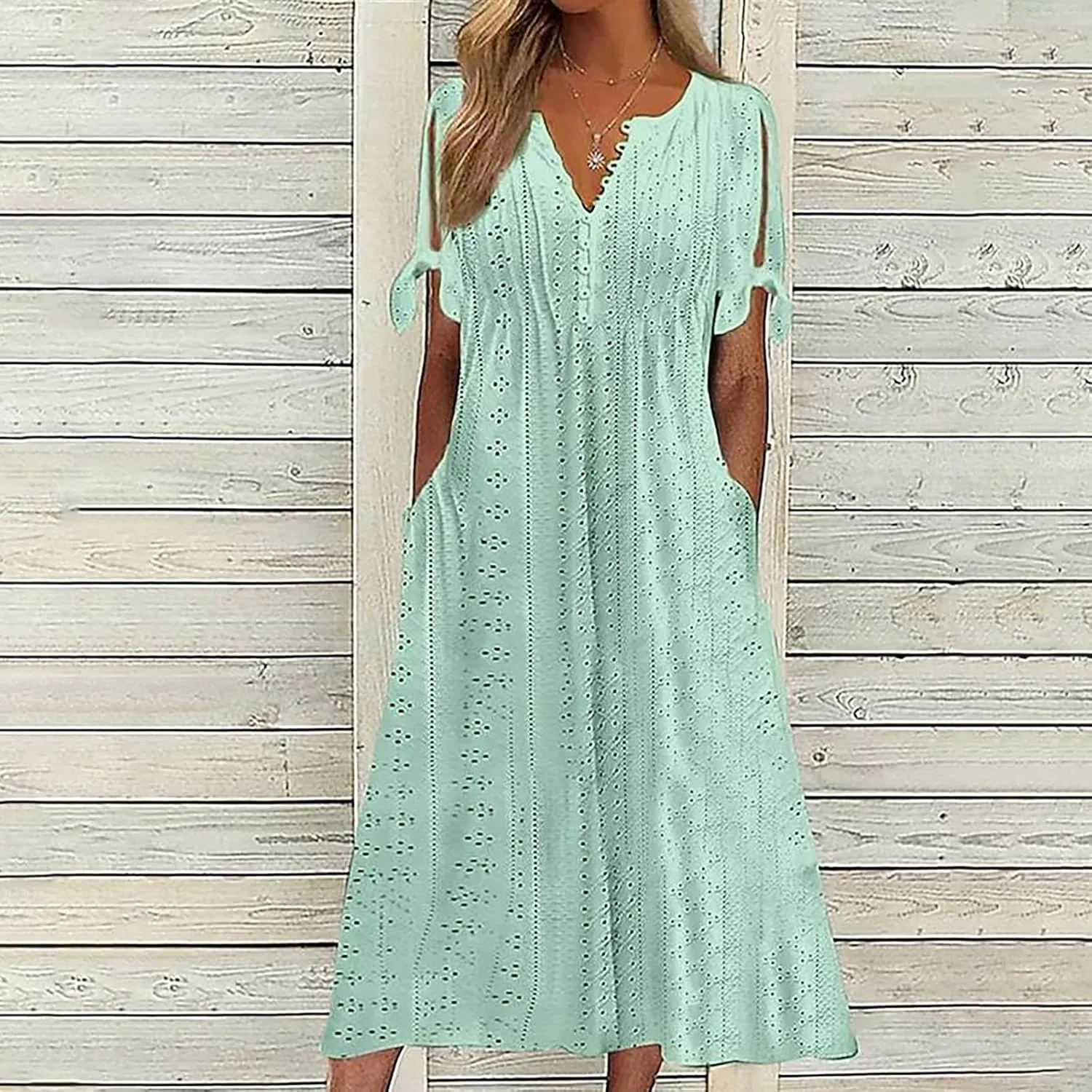 JIEMUXIU Maxi Dresses for Women 2025 Trendy Short Sleeve Eyelet Tshirt Long Dress Casual Summer Boho Beach Vacation Sundress