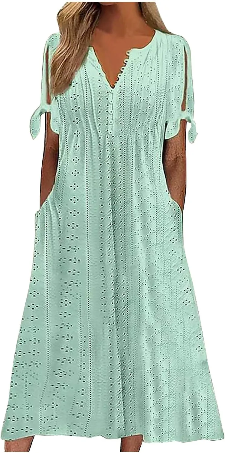 JIEMUXIU Maxi Dresses for Women 2025 Trendy Short Sleeve Eyelet Tshirt Long Dress Casual Summer Boho Beach Vacation Sundress