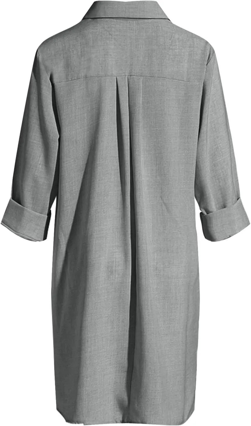 JOAU Womens Casual 1/4 Button Down Cotton Linen Midi Dress Summer 3/4 Sleeve Lapel Loose Plus Size Shirt Dresses with Pockets