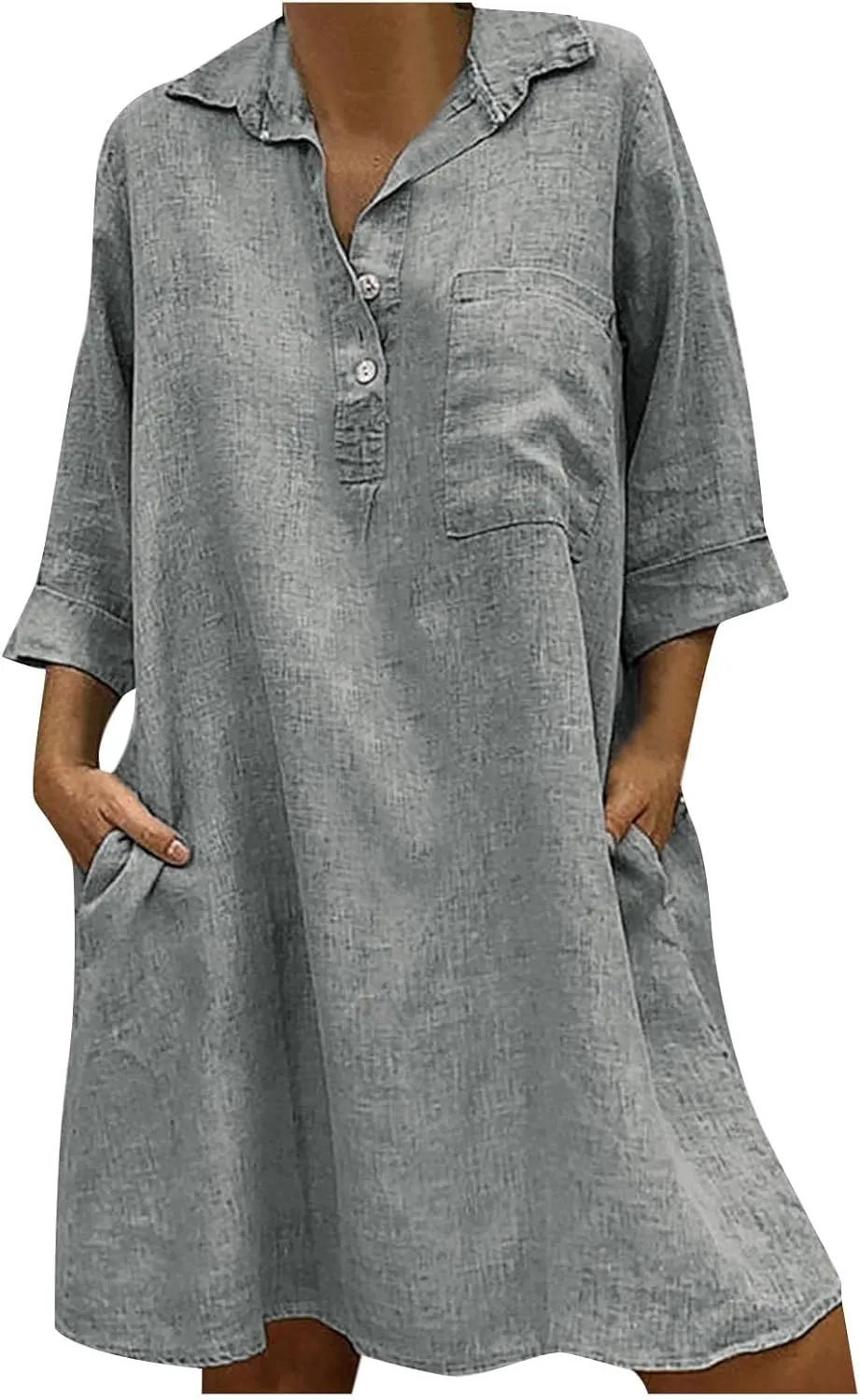 JOAU Womens Casual 1/4 Button Down Cotton Linen Midi Dress Summer 3/4 Sleeve Lapel Loose Plus Size Shirt Dresses with Pockets