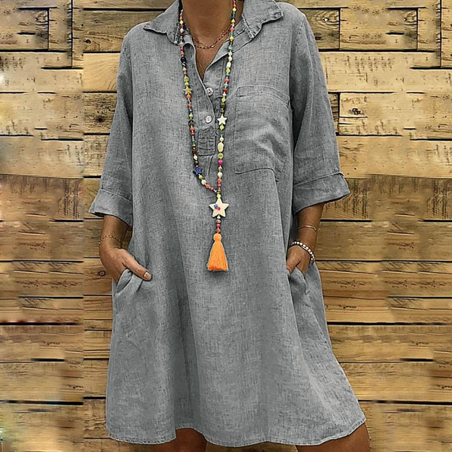 JOAU Womens Casual 1/4 Button Down Cotton Linen Midi Dress Summer 3/4 Sleeve Lapel Loose Plus Size Shirt Dresses with Pockets