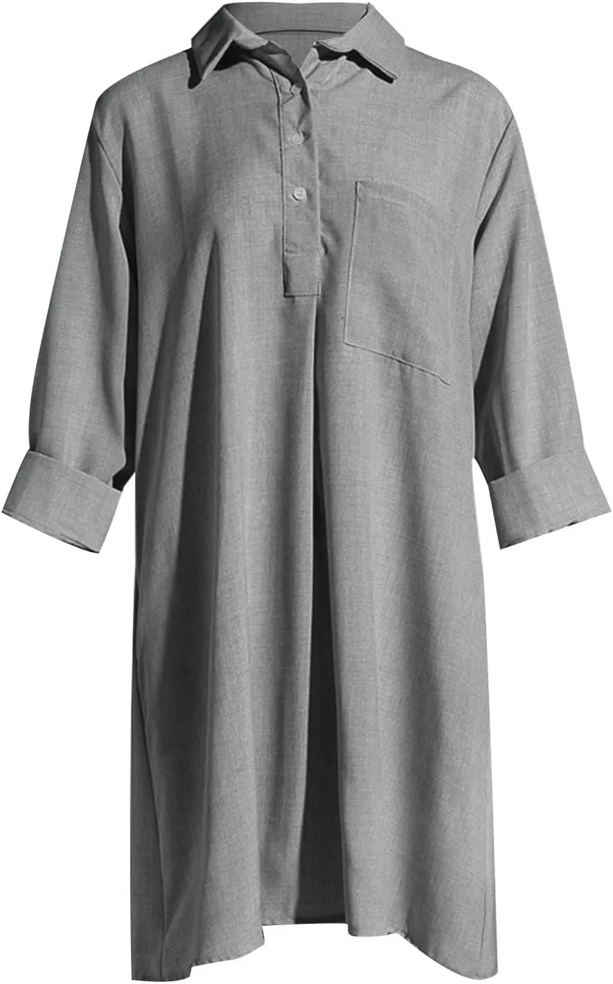 JOAU Womens Casual 1/4 Button Down Cotton Linen Midi Dress Summer 3/4 Sleeve Lapel Loose Plus Size Shirt Dresses with Pockets