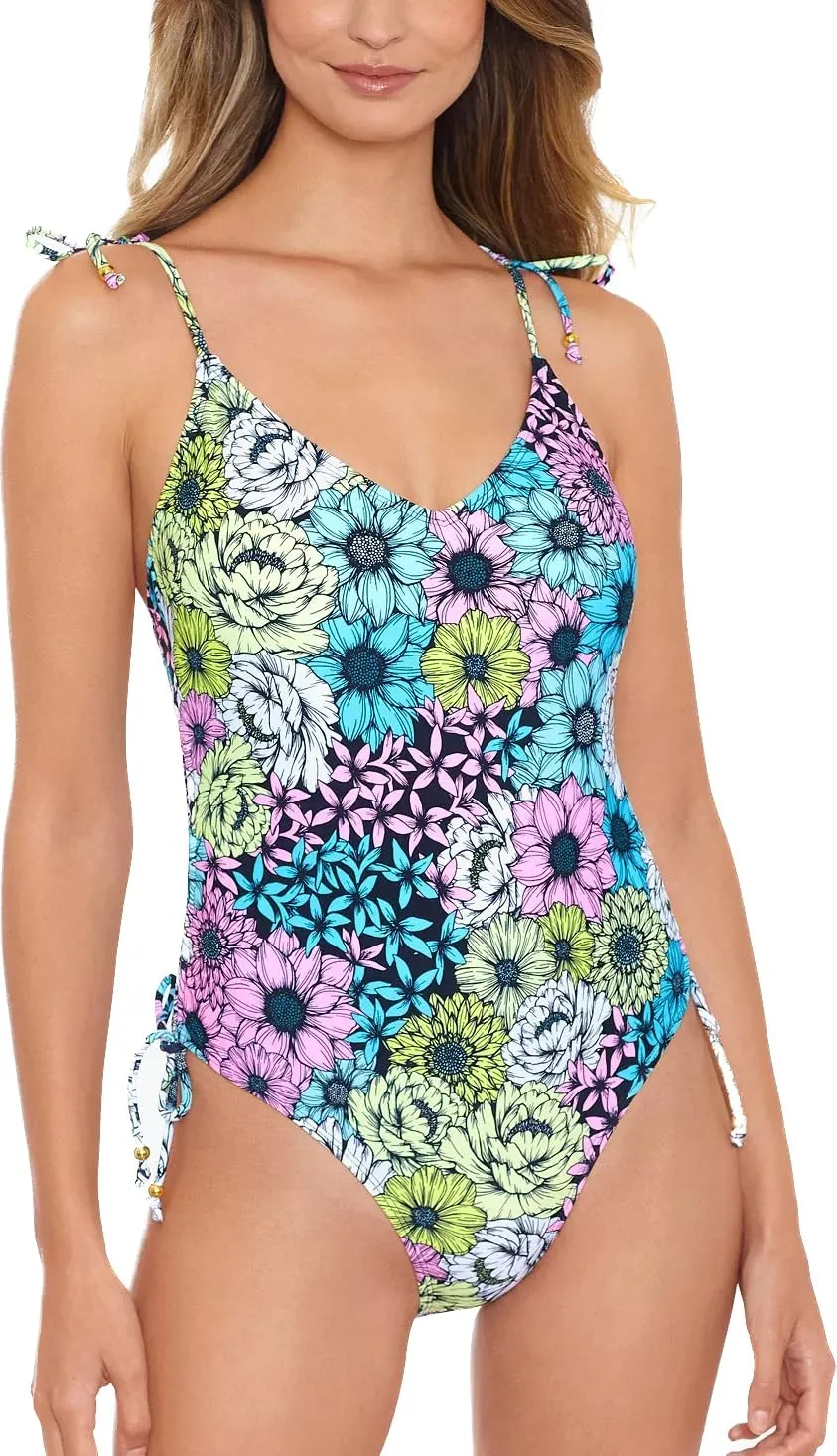 Juniors' Blossomed Side-Shirred One-Piece Swimsuit with Shoulder Ties