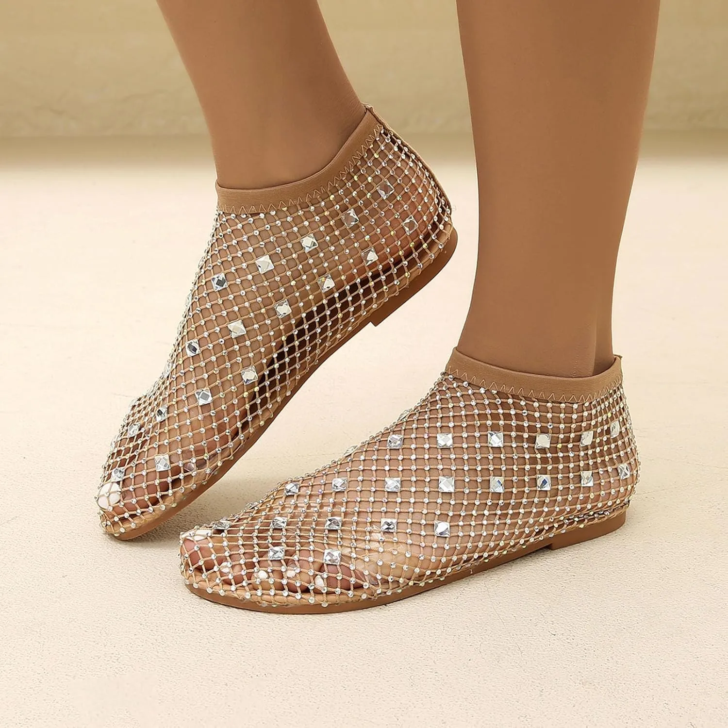 Ladies Breathable Hollow Mesh Breathable Rhinestone Decoration Flat Large Size Casual Womens Casual Shoes
