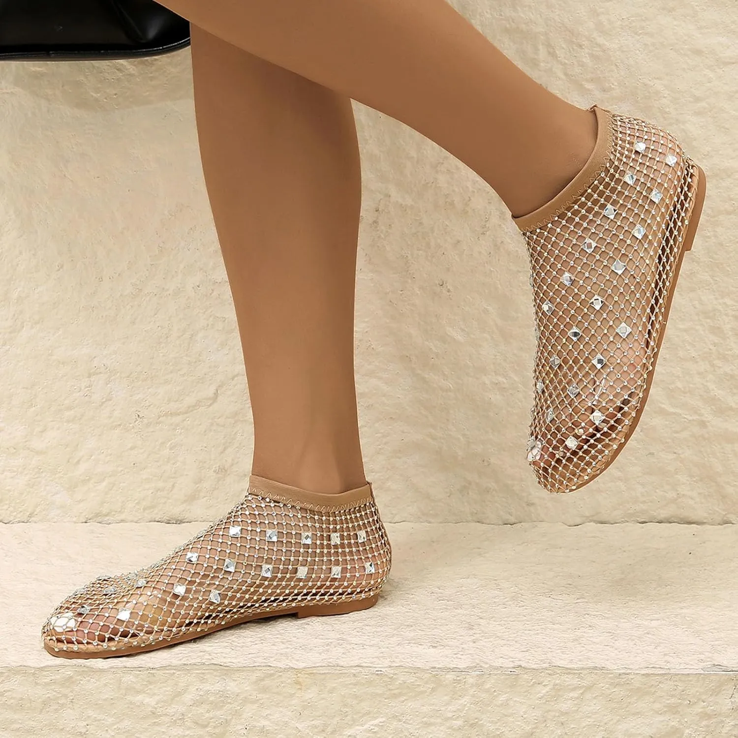Ladies Breathable Hollow Mesh Breathable Rhinestone Decoration Flat Large Size Casual Womens Casual Shoes