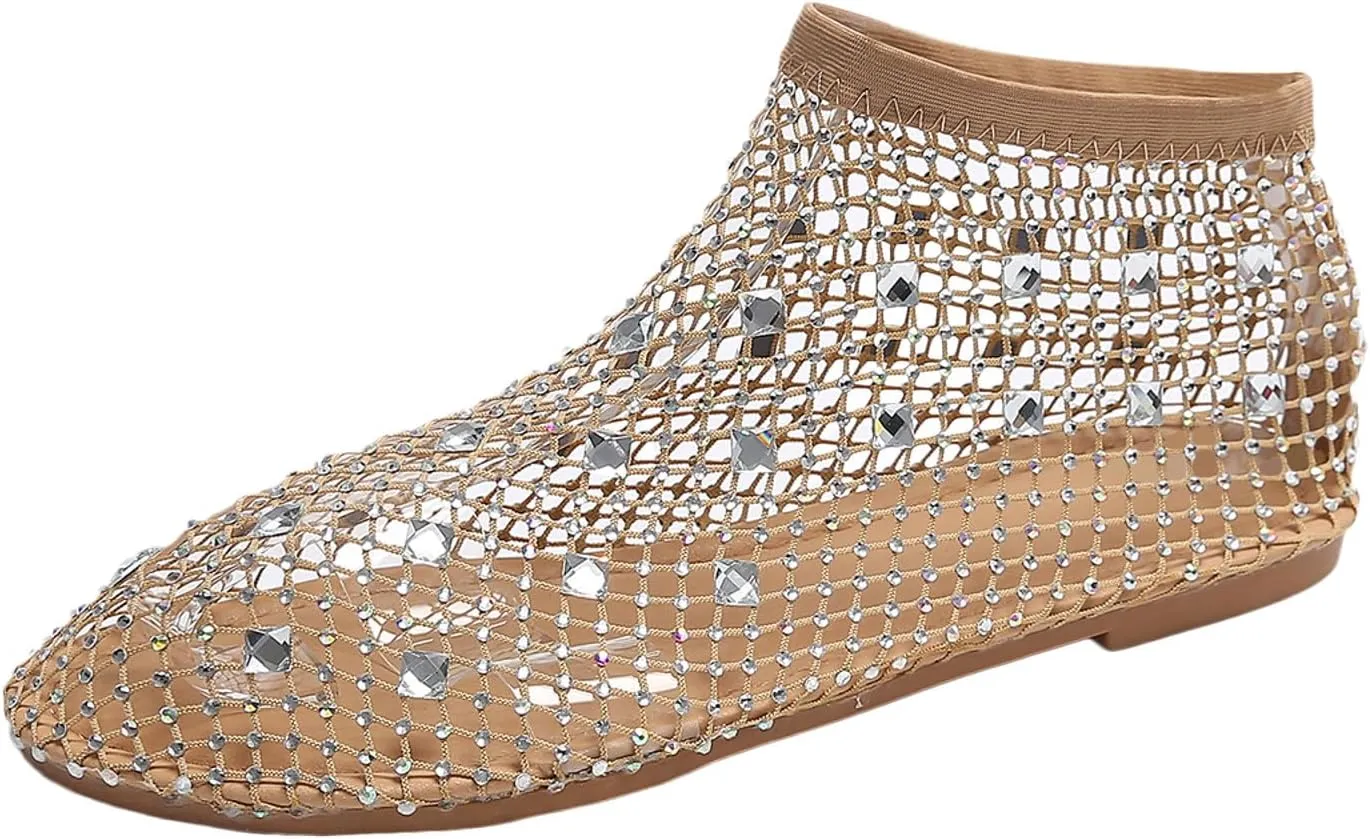 Ladies Breathable Hollow Mesh Breathable Rhinestone Decoration Flat Large Size Casual Womens Casual Shoes