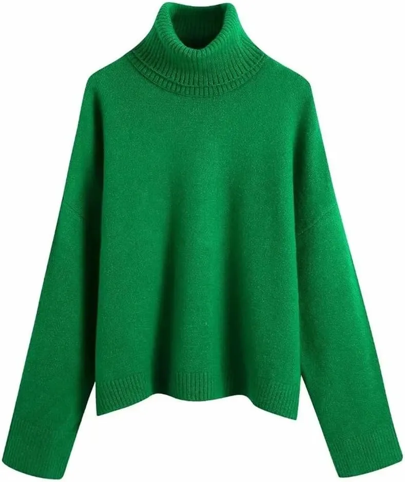 Ladies with Ribbed Edges Loose Knit Sweater Vintage High Neck Long Sleeve Women's Pullover Chic Tops(Gray,Large)