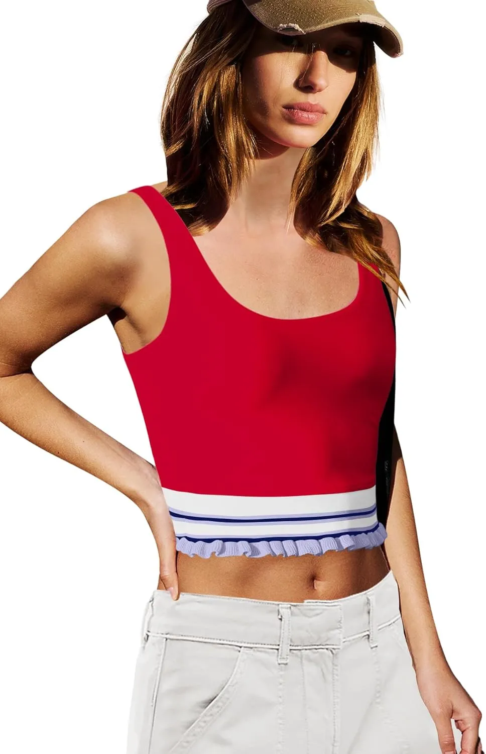 LAMISSCHE Womens Cropped Tank Tops Workout Padded Sports Bra Athletic Yoga Gym Tops Striped Ruffle Camisole