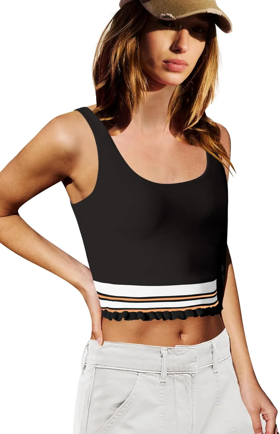 LAMISSCHE Womens Cropped Tank Tops Workout Padded Sports Bra Athletic Yoga Gym Tops Striped Ruffle Camisole