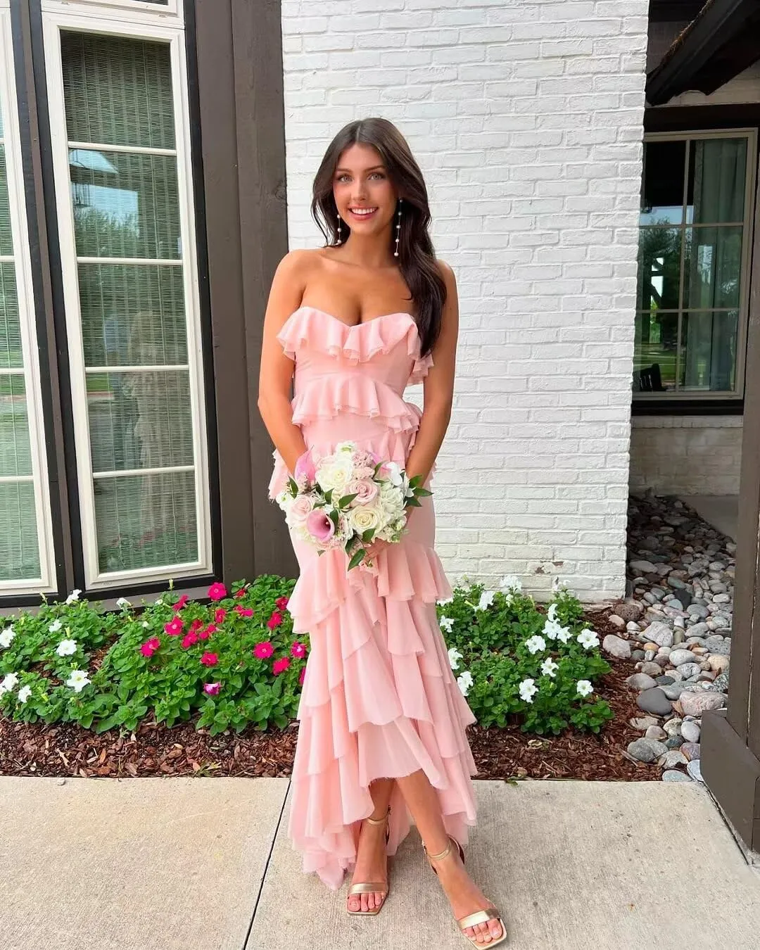 Lawrncedw Strapless Ruched Prom Dresses Chiffon Ruffles Bridesmaid Dresses Sweetheart Formal Evening Party Gown with Slit