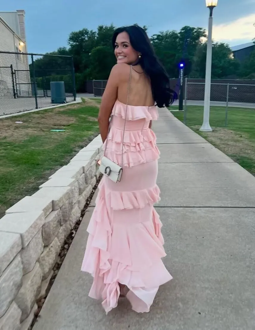Lawrncedw Strapless Ruched Prom Dresses Chiffon Ruffles Bridesmaid Dresses Sweetheart Formal Evening Party Gown with Slit