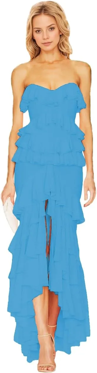 Lawrncedw Strapless Ruched Prom Dresses Chiffon Ruffles Bridesmaid Dresses Sweetheart Formal Evening Party Gown with Slit