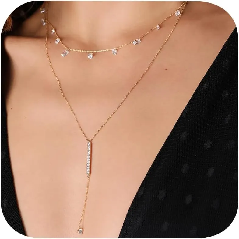 Layered Necklaces for Women Dainty Boho Hypoallergenic Wedding Jewelry Adjustable CZ Y Shaped Long Necklaces for Women Prom Accessories