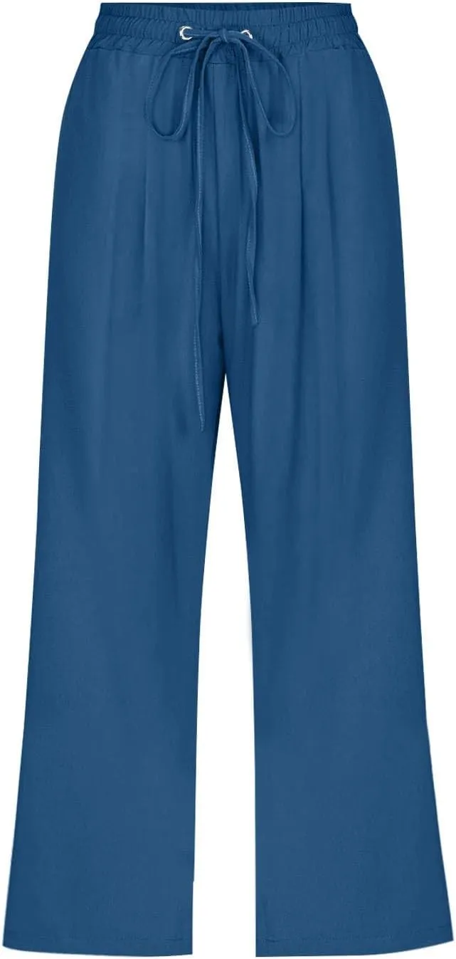 Linen Capris Pants Womens 3/4 Length Cropped Pants Elastic High Waist Summer Work Lounge 3 Quarter Shorts with Pocket