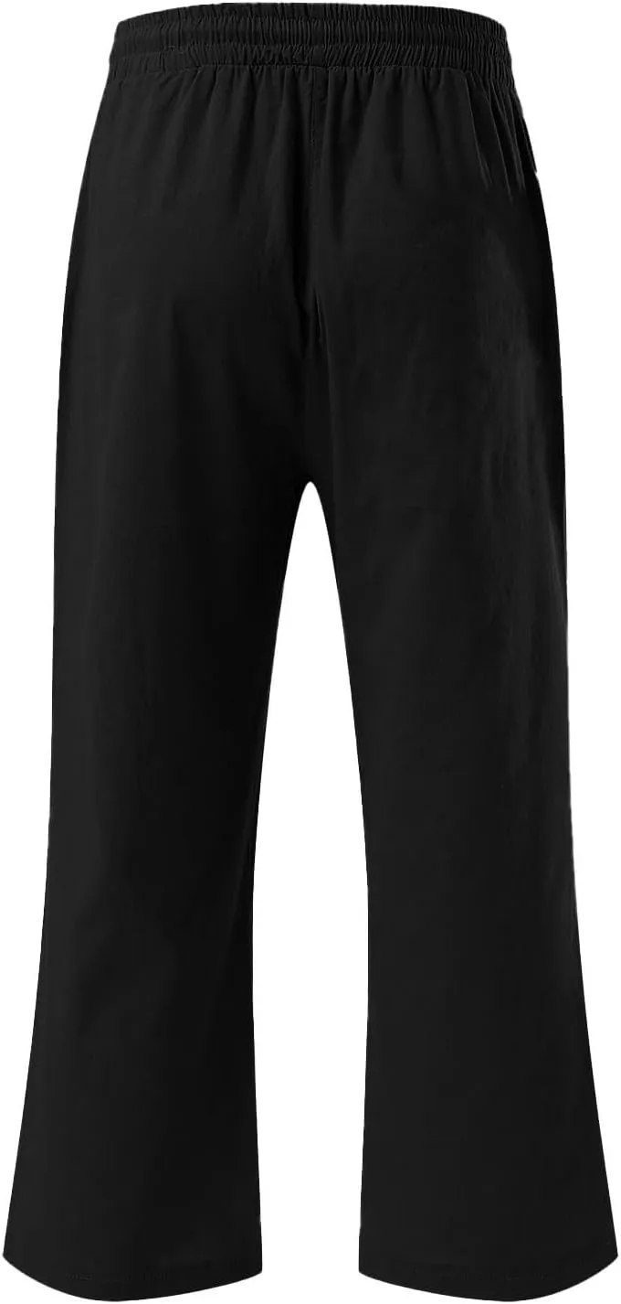 Linen Capris Pants Womens 3/4 Length Cropped Pants Elastic High Waist Summer Work Lounge 3 Quarter Shorts with Pocket