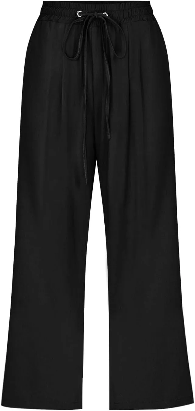Linen Capris Pants Womens 3/4 Length Cropped Pants Elastic High Waist Summer Work Lounge 3 Quarter Shorts with Pocket