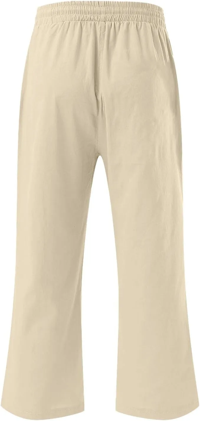 Linen Capris Pants Womens 3/4 Length Cropped Pants Elastic High Waist Summer Work Lounge 3 Quarter Shorts with Pocket