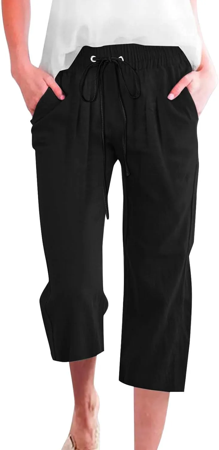 Linen Capris Pants Womens 3/4 Length Cropped Pants Elastic High Waist Summer Work Lounge 3 Quarter Shorts with Pocket
