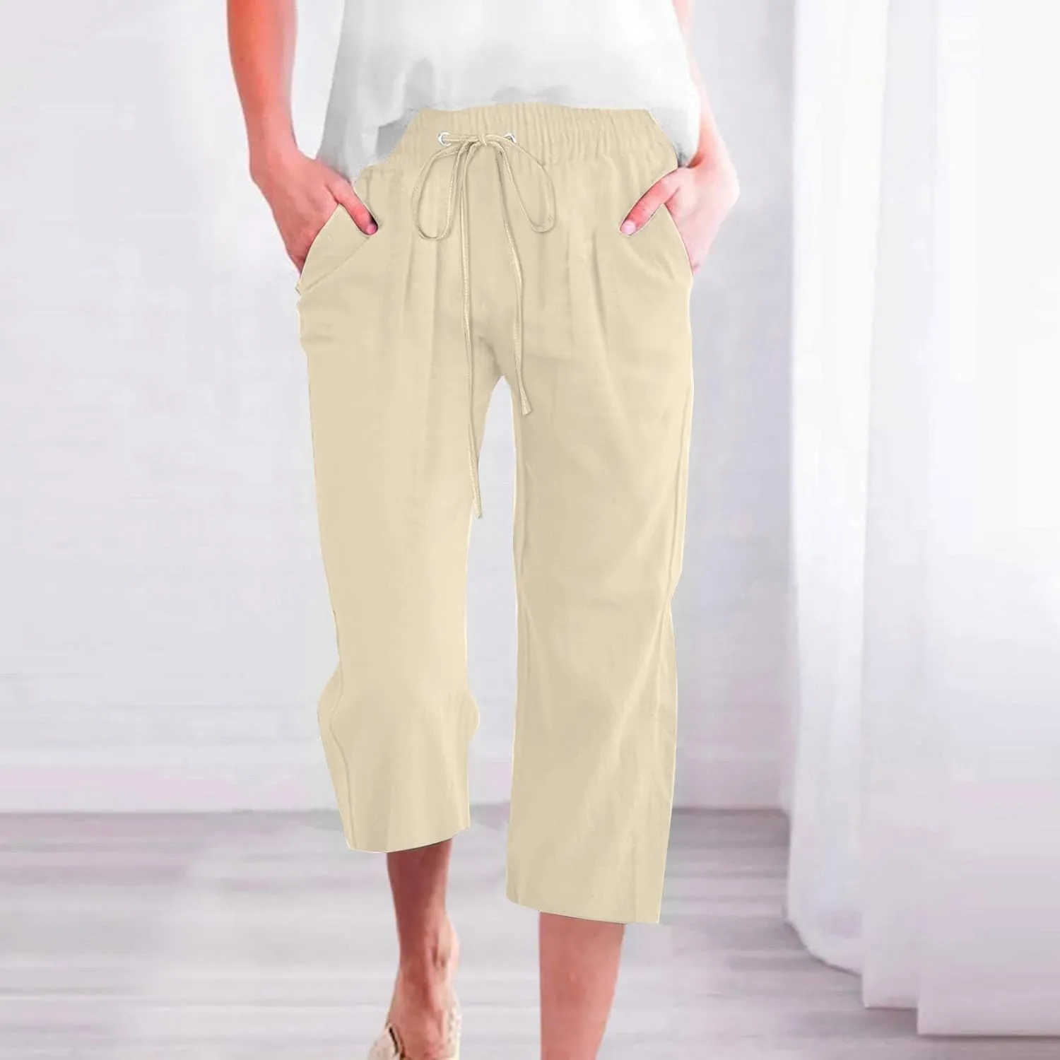 Linen Capris Pants Womens 3/4 Length Cropped Pants Elastic High Waist Summer Work Lounge 3 Quarter Shorts with Pocket