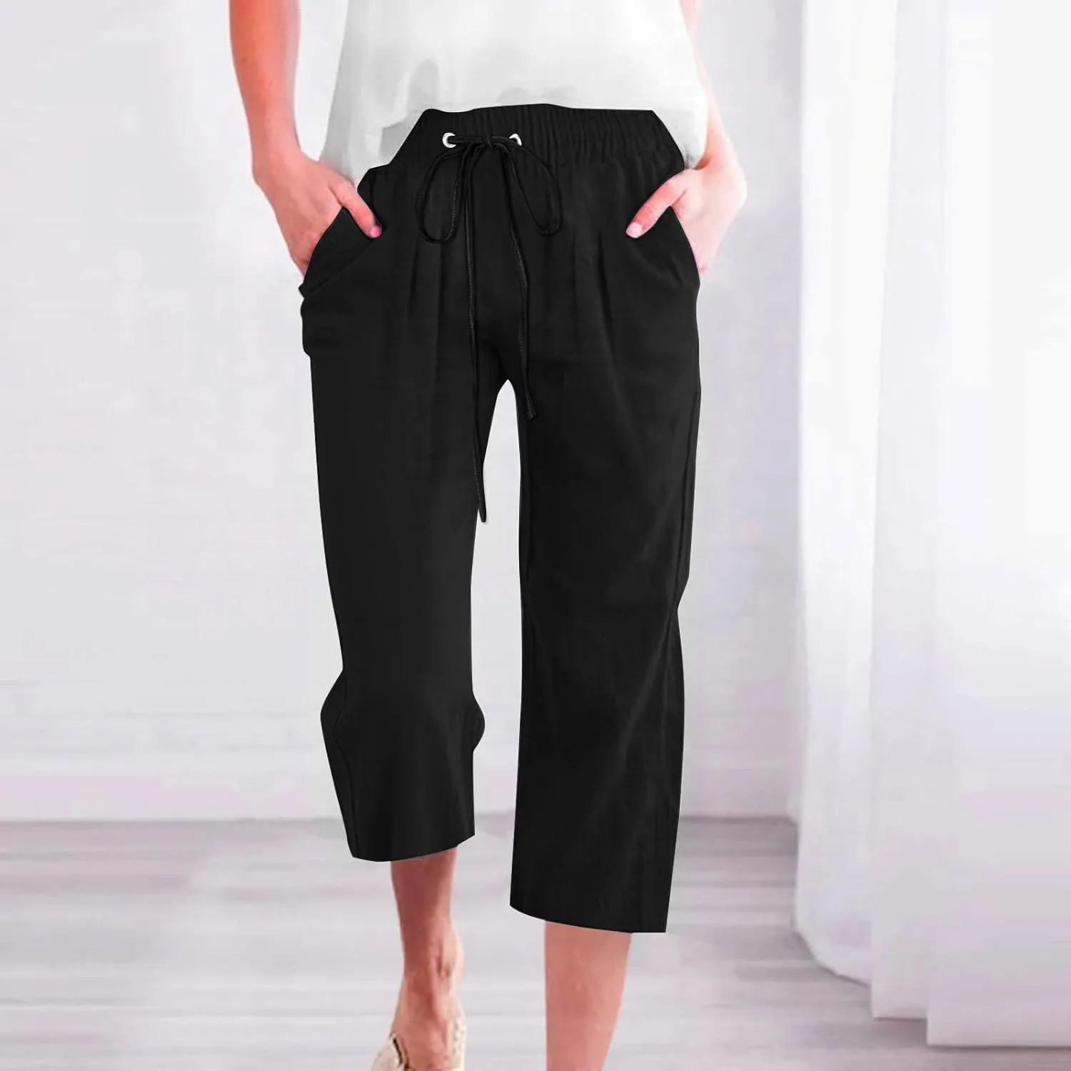 Linen Capris Pants Womens 3/4 Length Cropped Pants Elastic High Waist Summer Work Lounge 3 Quarter Shorts with Pocket