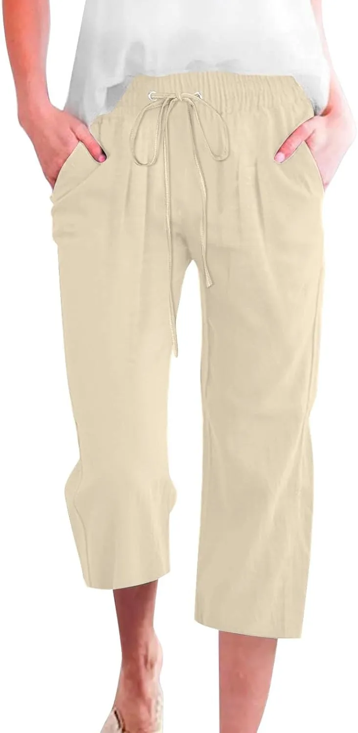 Linen Capris Pants Womens 3/4 Length Cropped Pants Elastic High Waist Summer Work Lounge 3 Quarter Shorts with Pocket
