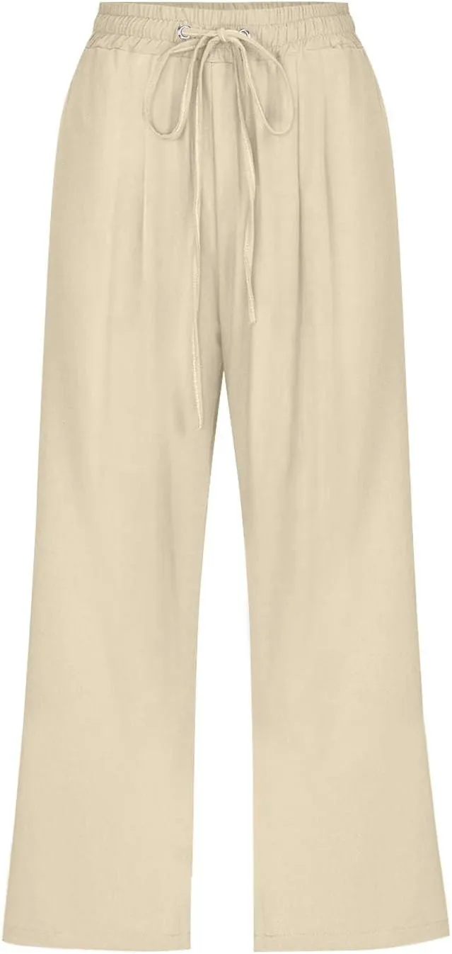 Linen Capris Pants Womens 3/4 Length Cropped Pants Elastic High Waist Summer Work Lounge 3 Quarter Shorts with Pocket