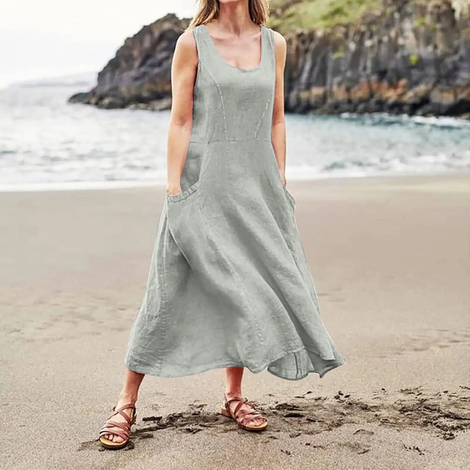 Linen Dresses for Women 2025 Casual Summer Sleeveless U Neck Flowy Maxi Dress Plus Size Boho Sundress with Pockets