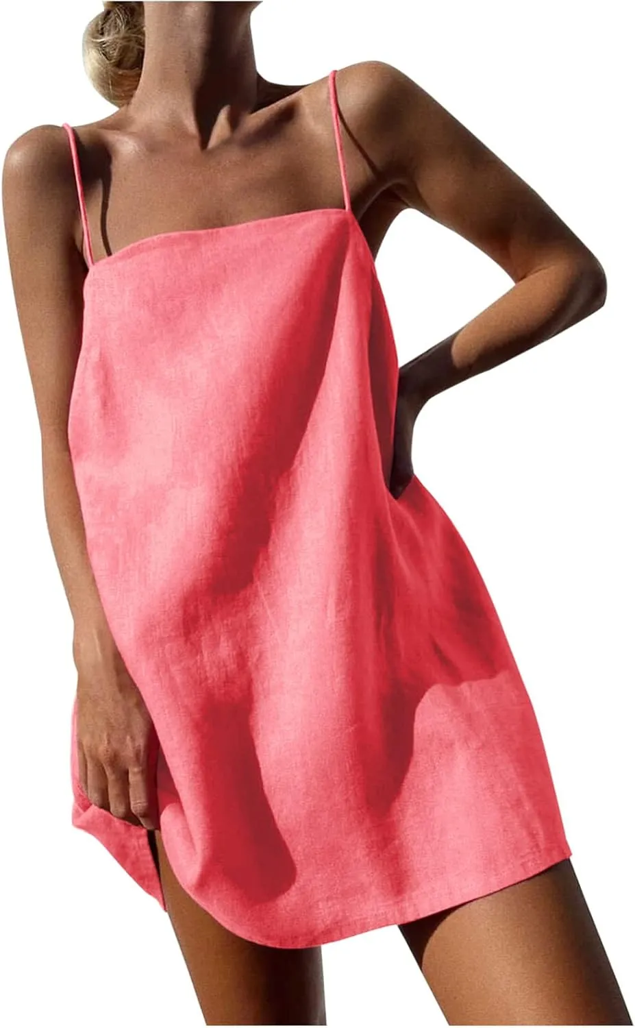 Linen Mini Dress Women Spaghetti Strap Summer Dress Loose Sleeveless Beachwear A-Line Casual Dress Short Cami Dress