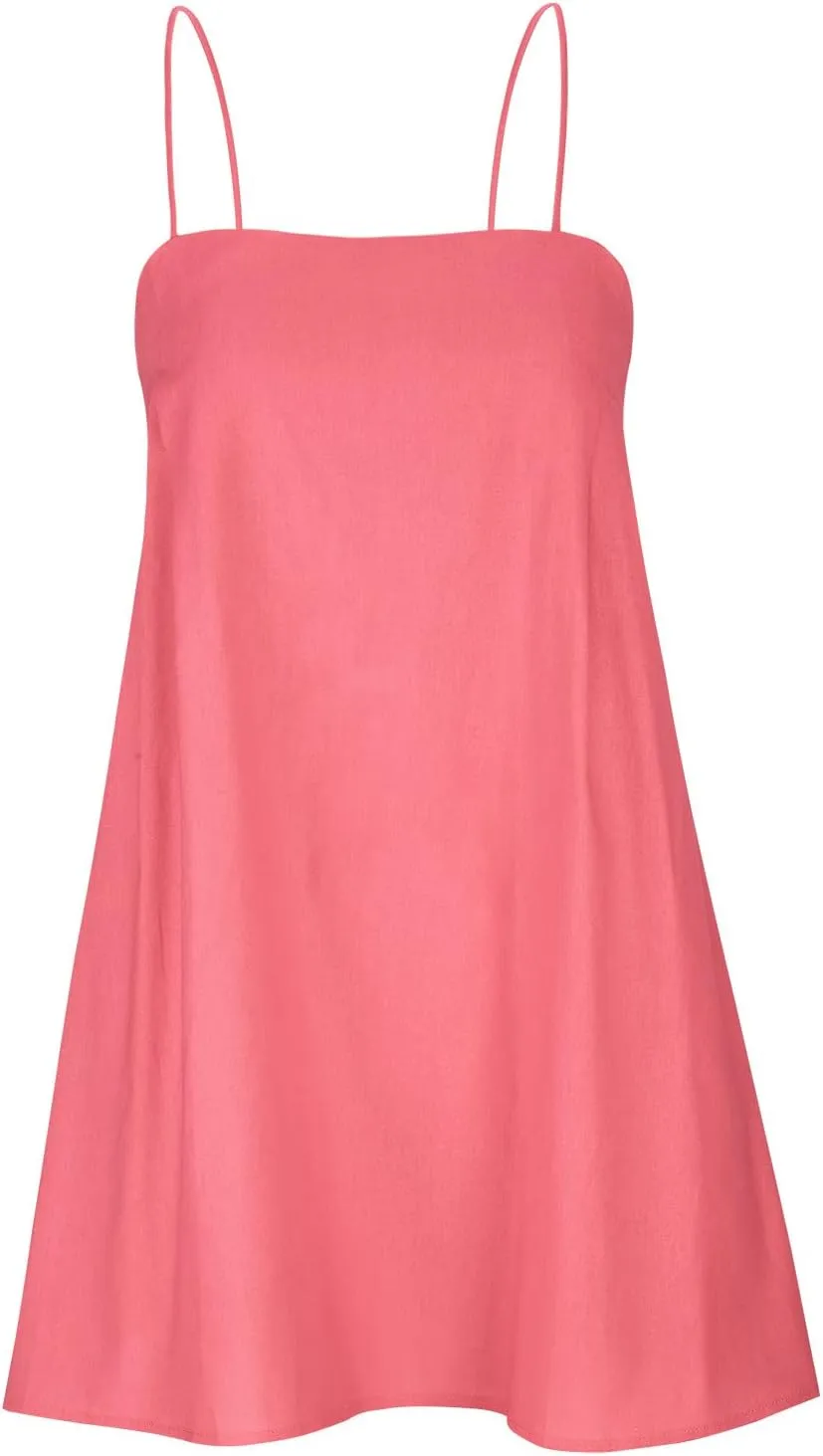 Linen Mini Dress Women Spaghetti Strap Summer Dress Loose Sleeveless Beachwear A-Line Casual Dress Short Cami Dress
