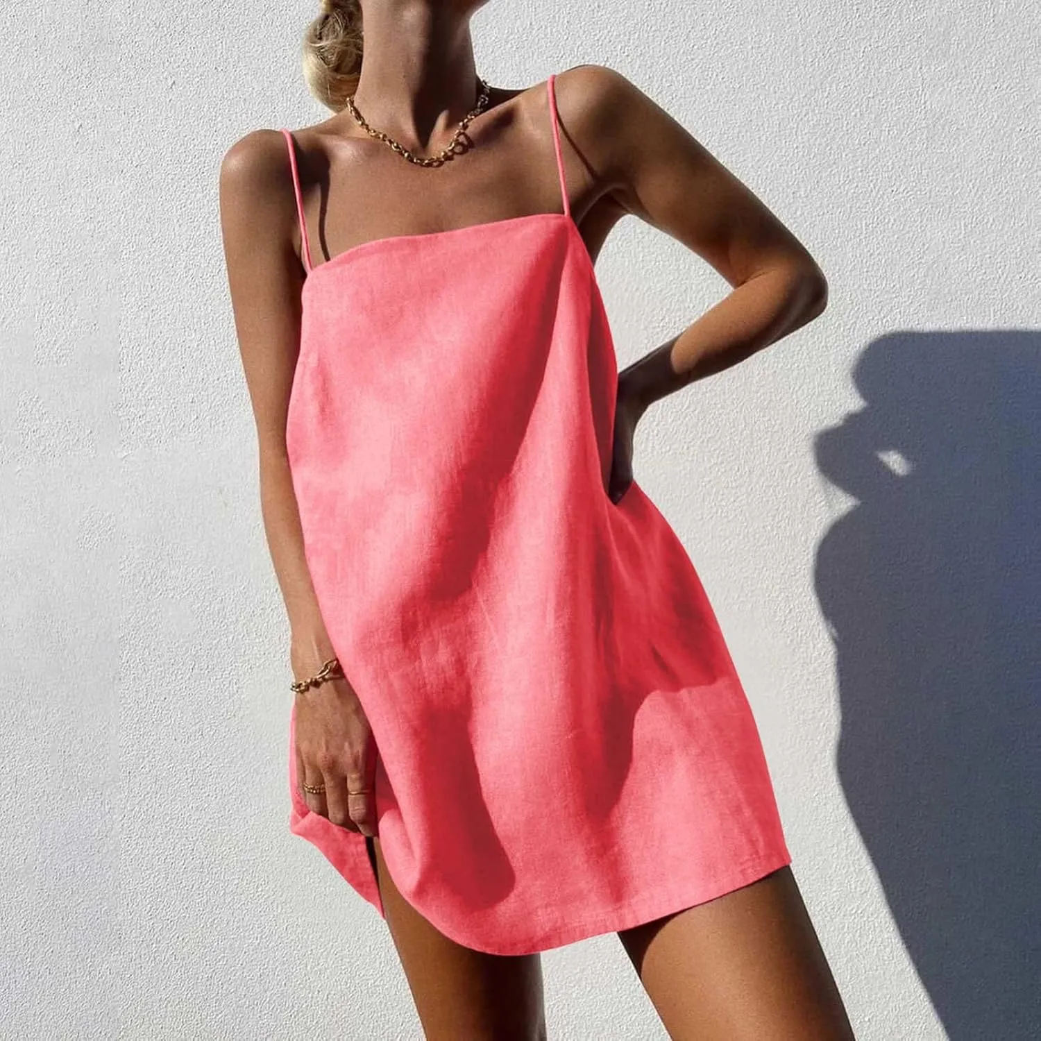 Linen Mini Dress Women Spaghetti Strap Summer Dress Loose Sleeveless Beachwear A-Line Casual Dress Short Cami Dress
