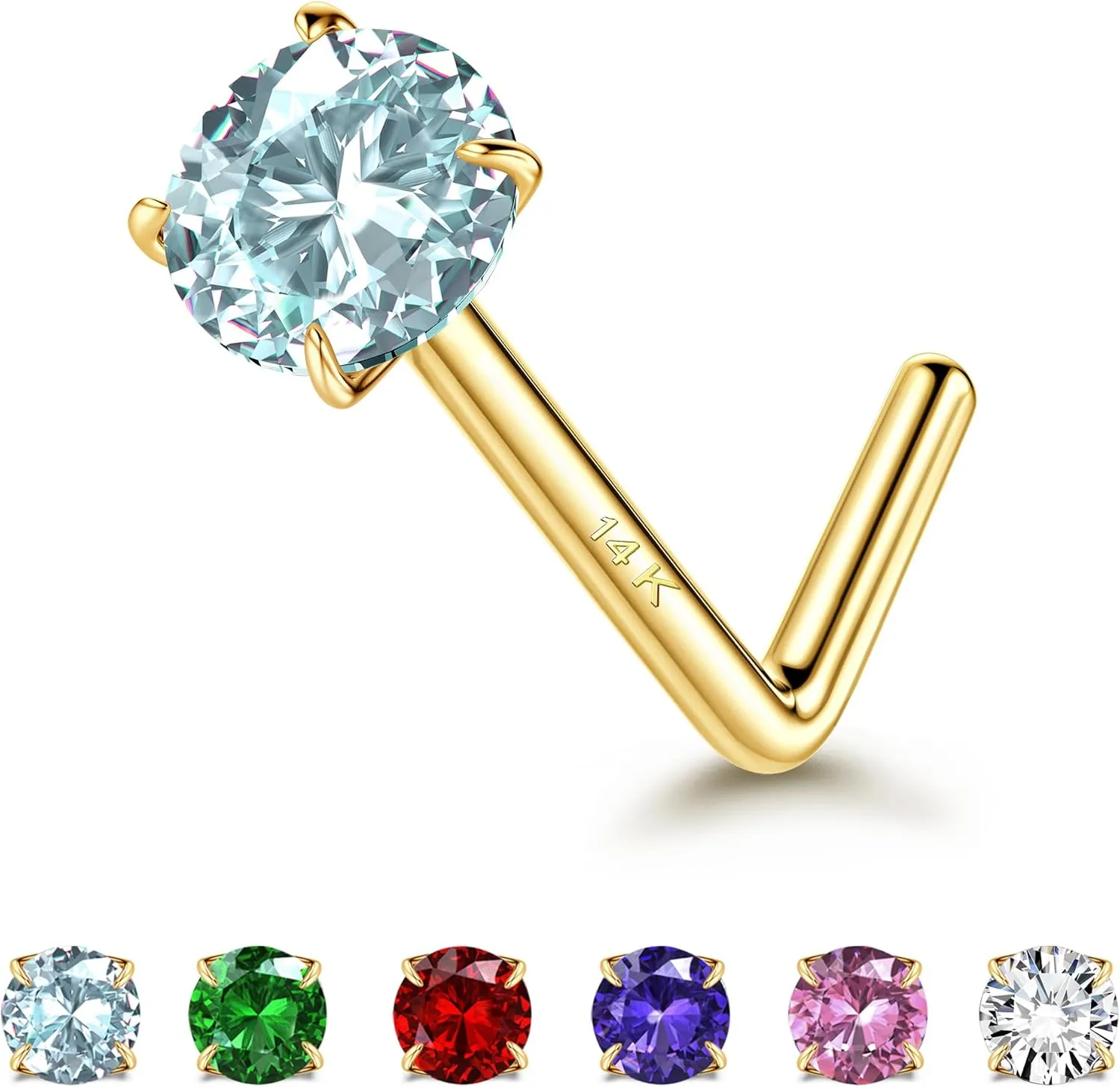 LOYALLOOK 14K Real Gold Nose Rings Studs 20G 18G Gold L-Shape Nose Rings Round CZ Simulated Diamond Nose Stud Hypoallergenic Nose Piercing for Women, 3MM