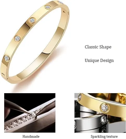 Luxury Crystal Bangle Braceletfor Women, Gold Plated Stainless Steel, Rhinestone Accents, Jewelry Birthday Gift for Women Love Bracelet