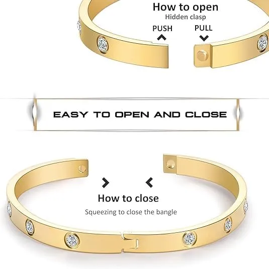 Luxury Crystal Bangle Braceletfor Women, Gold Plated Stainless Steel, Rhinestone Accents, Jewelry Birthday Gift for Women Love Bracelet