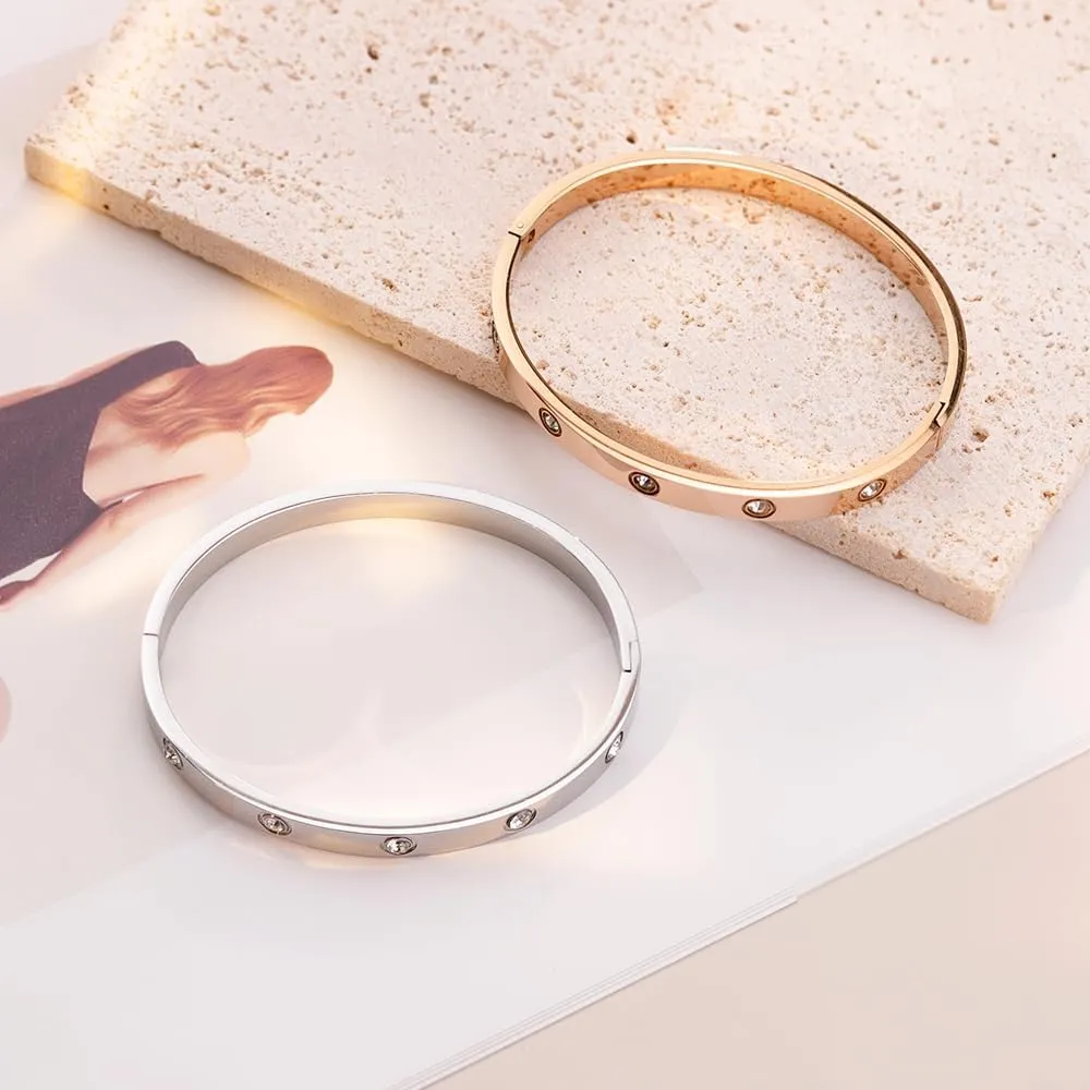 Luxury Crystal Bangle Braceletfor Women, Gold Plated Stainless Steel, Rhinestone Accents, Jewelry Birthday Gift for Women Love Bracelet
