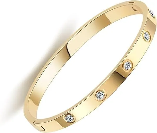 Luxury Crystal Bangle Braceletfor Women, Gold Plated Stainless Steel, Rhinestone Accents, Jewelry Birthday Gift for Women Love Bracelet