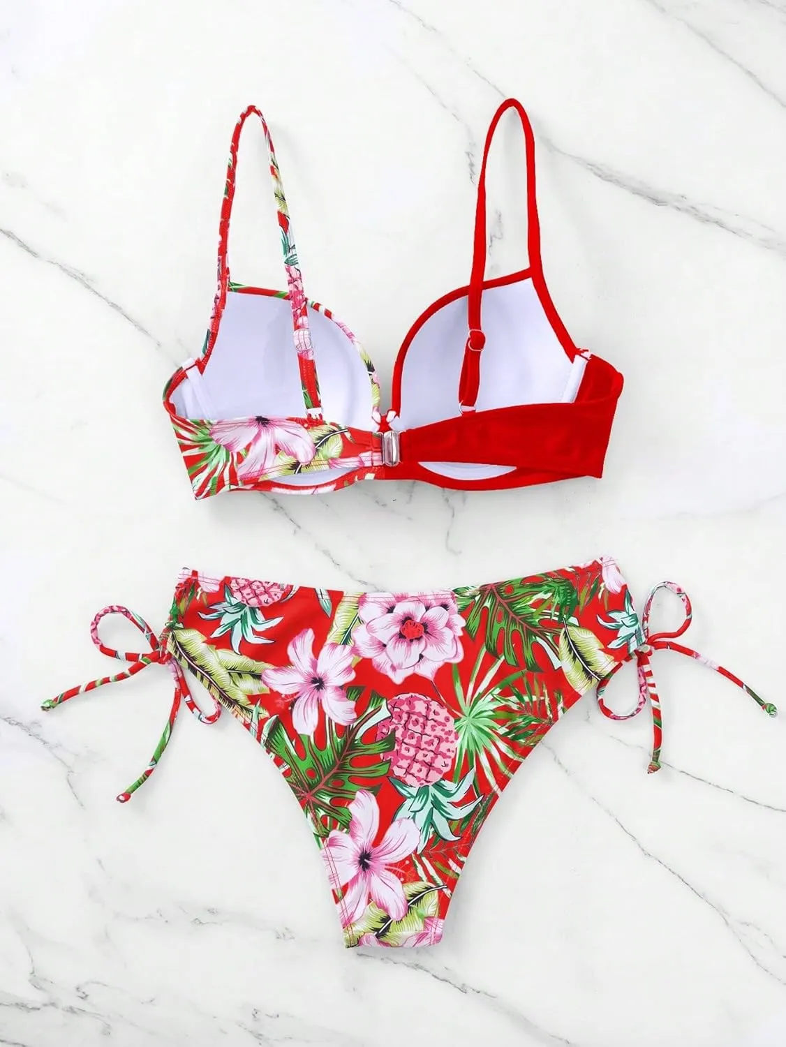 MakeMeChic Women's 2 Piece Bikini Set Tropical Print Wrap Push Up Spaghetti Strap Tie Side Bathing Suit