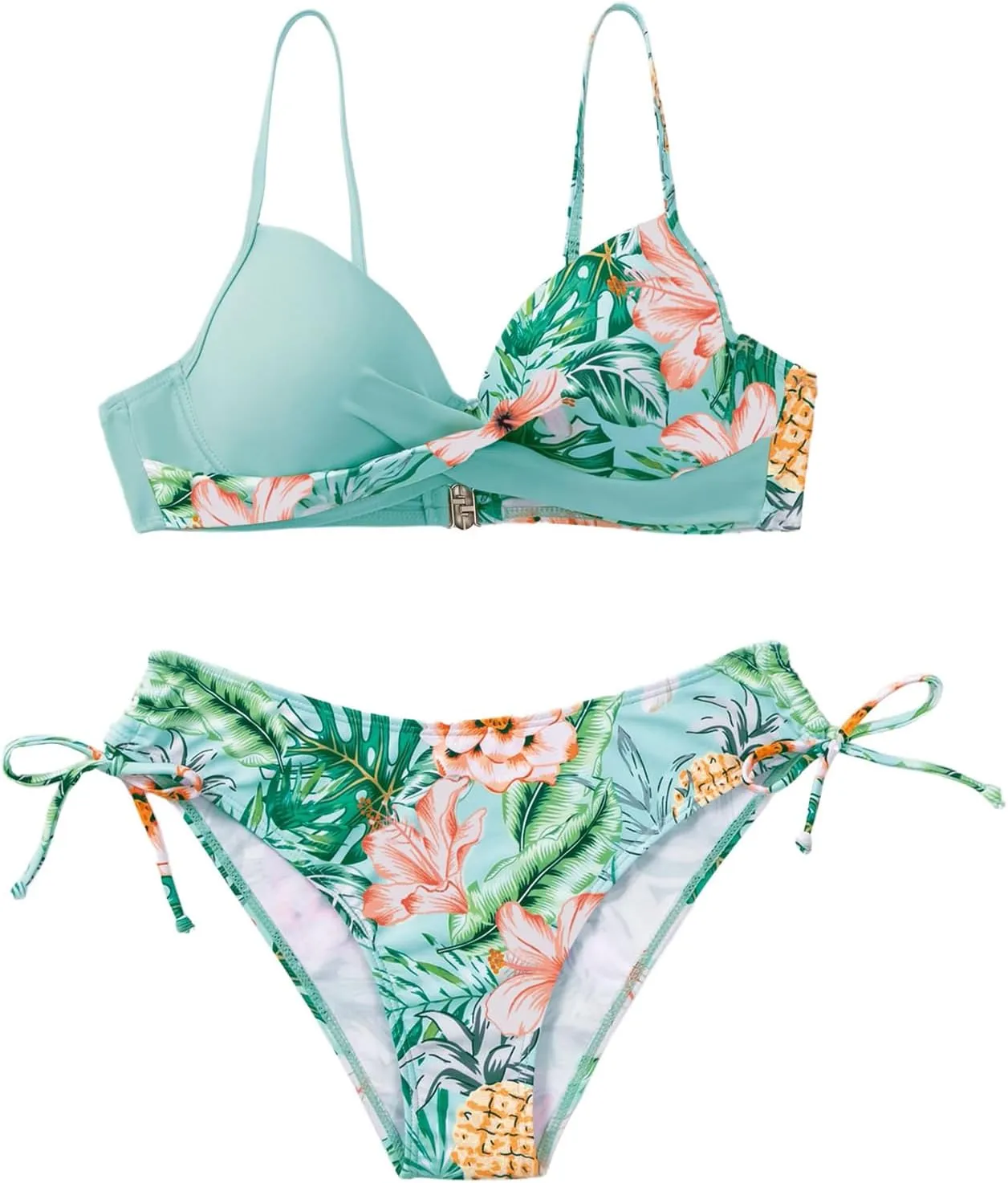 MakeMeChic Women's 2 Piece Bikini Set Tropical Print Wrap Push Up Spaghetti Strap Tie Side Bathing Suit